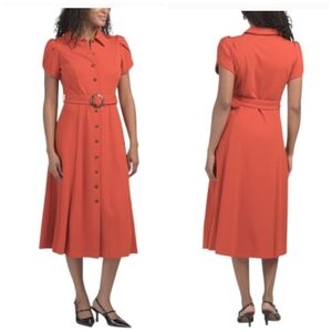CALVIN KLEIN Belted Button Orange Down Midi Shirt Dress